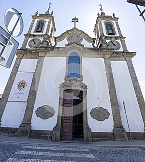 exterior of the front facade of the church of Santa Eulalia in Fafe, Portugal.