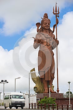 Exterior of the giant 33-meters Lord Shiva statue at Ganga Talao (Grand Bassin) Hindu temple, Mauritius.