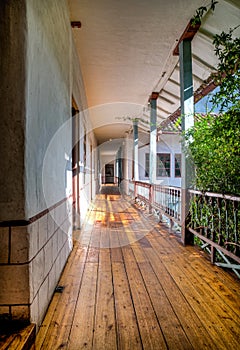 Exterior hallway of an old colonial house, Cuenca, Ecuador