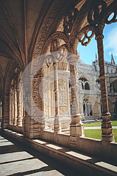 The exterior of Hieronymites Monastery.View of beautiful reticulated vaulting and columns Manueline architecture style.