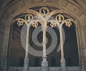 The exterior of Hieronymites Monastery.View of beautiful reticulated vaulting and columns Manueline architecture style.