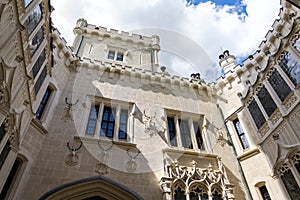 Exterior of the historic chateau Hluboka castle in Hluboka nad Vltavou, Czech Republic, sunny day