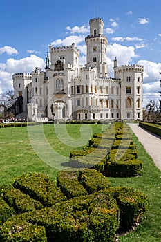 Exterior of the historic chateau Hluboka castle in Hluboka nad Vltavou, Czech Republic, sunny day