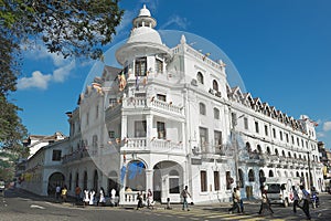 Exterior of the historical building of the Queen's hotel in Kandy, Sri Lanka.