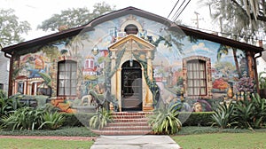 The exterior of this home features a stunning mural painted by a local artist depicting scenes from the citys rich photo