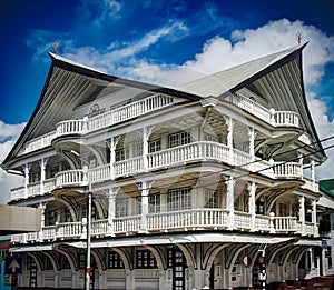 Exterior of house in the historic city of Paramaribo, Suriname.