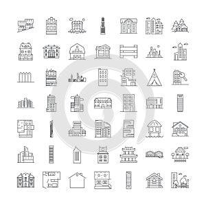 Exterior houses linear icons, signs, symbols vector line illustration set