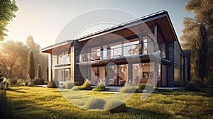 Exterior image of a new modern house with large windows. Generative AI