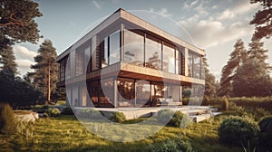 Exterior image of a new modern house with large windows. Generative AI