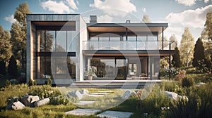 Exterior image of a new modern house with large windows. Generative AI