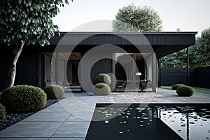 Exterior image of a stylish modern house with large windows with a garden and swimming pool, Generative AI