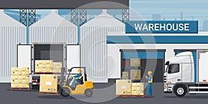 Exterior of industrial warehouse. Worker doing inventory of merchandise. Forklift loading boxes to a refrigerator truck. Cargo and