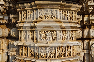 Exterior of the Jain temple Adinatha temple with scenes from the Kamasutra, in Ranakpur, Rajasthan, India photo