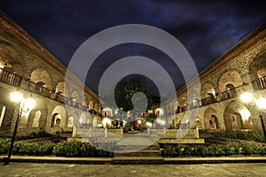 Exterior of karvansaray hotel in Sheki at night