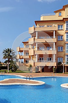 Exterior of luxury holiday or vacation apartments in Spain