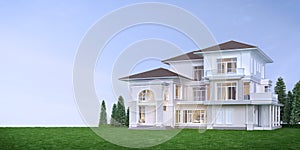 Exterior luxury house.Classic style with lawn field.Concept for real estate sale or property investment.