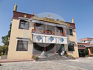 Exterior of main hall at Kopan Monastery, a Tibetan Buddhist temple, in Kathmandu, Nepal photo