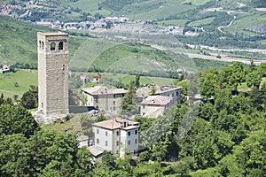 Exterior of the medieval basilica in San Leo, Italy.