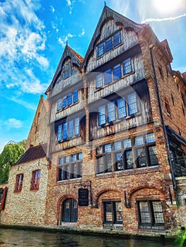 Exterior of medieval house on The Rozenhoedkaai, Bruges, Belgium