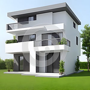 Exterior minimalist modern white house outdoor 3D illustration design