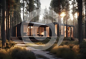 Exterior of modern cozy chalet in beautiful pine forest at sunset. Luxury house in the forest.