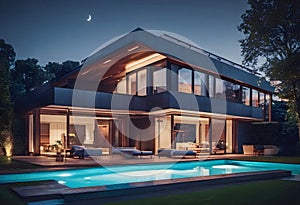 Exterior of modern cozy house with pool and parking for sale or rent. AI generated.