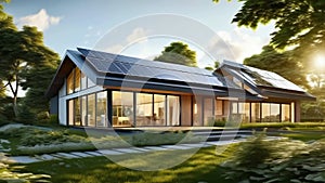 The exterior of modern eco-friendly house with photovoltaic system of solar panels on the roof