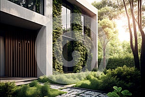 Exterior of modern ecologic house with big plant wall,created with Generative AI technology.