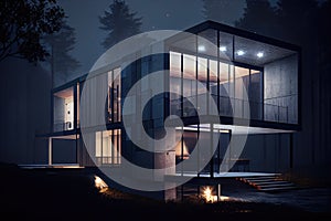 exterior of modern house, with lights turned on, at night