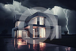 exterior of a modern house at night, with dramatic storm clouds and lightning in the background