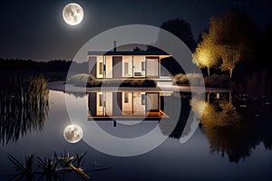exterior of a modern house at night, showing the reflection of the moon on a pond