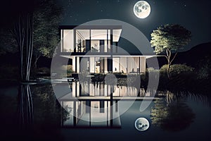 exterior of a modern house at night, showing the reflection of the moon on a pond