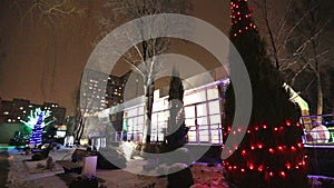 Exterior of modern house or restaurant, the Christmas lights are lit on the trees, in the night sky, camera movement