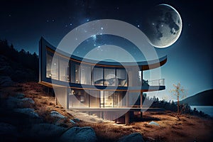 exterior of modern house with a view of the stars and the moon at night