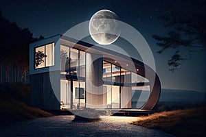 exterior of modern house with a view of the stars and the moon at night