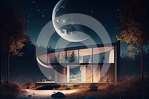 exterior of a modern house, with view of the twinkling stars and the moon in the night sky