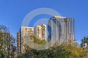 Exterior of modern luxury apartments in Austin Texas with blue sky background