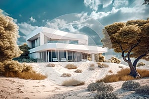 Exterior of modern minimalist white villa on sand hill in desert. Rich house with round curved shapes among trees. Created with