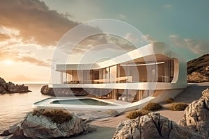 Exterior of modern minimalist white villa with swimming pool. Rich seaside house with round curved shapes. Created with generative