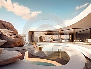 Exterior of modern minimalist white villa with swimming pool and terrace. Rich house with round curved shapes in desert among