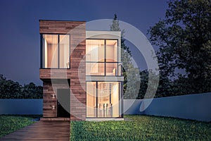 Exterior modern small square house with wooden planks at night with glowing windows 3D illustration