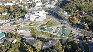 Exterior of a modern sports complex. Sports complex view from the drone. Modern sports complex.