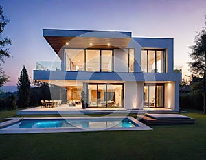Exterior of a new modern house with large windows with a garden in a rural area under the beautiful