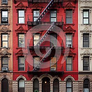 Exterior of New York City apartment building with fire escapes