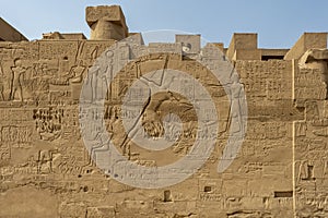 Exterior of the North wall of the Great Hypostyle Hall in the Precinct of Amon-Re in the Karnak temple complex near Luxor, Egypt.