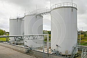 Exterior of oil storage tanks.