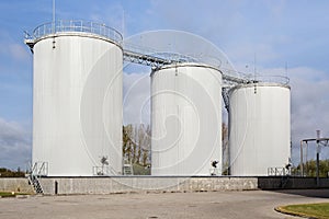 Exterior of oil storage tanks.