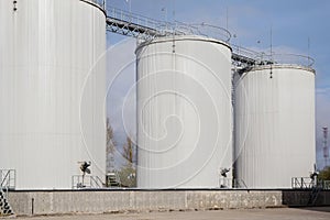 Exterior of oil storage tanks.