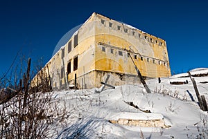 Exterior of old decayed abandoned prison