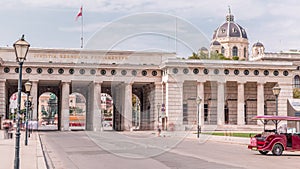 Exterior of outer castle gate with Ringstrasse on background timelapse in Vienna city in sunny day.